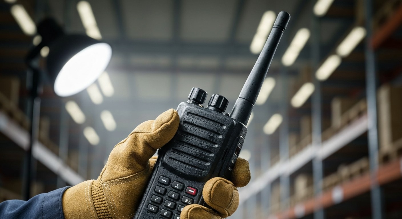 Digital Two Way Radio Signal Clarity Close-up of a gloved hand holding a rugged digital two-way radio against a blurred warehouse background.