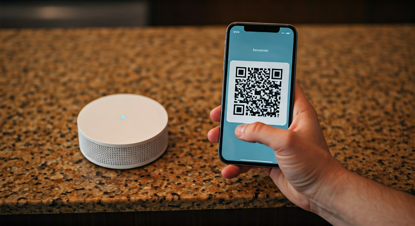 Digital Return Token for Tech Product A hand holding a smartphone with a QR code next to a tech gadget on a granite countertop.