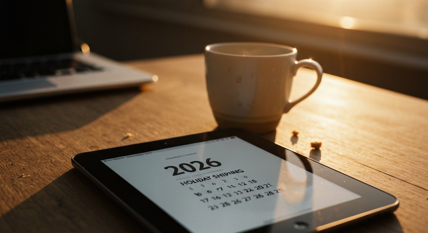 Mastering Your 2026 Shipping Schedule A tablet on a desk displaying a holiday shipping calendar, with a coffee mug nearby.