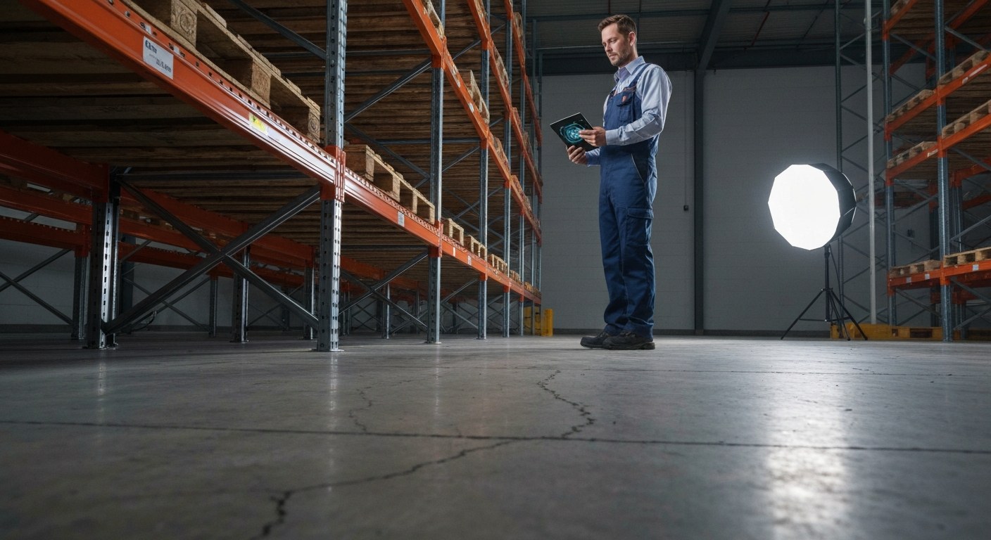 Integrated Digital Twin Strategy Technician in a warehouse using a tablet to analyze logistics performance data.