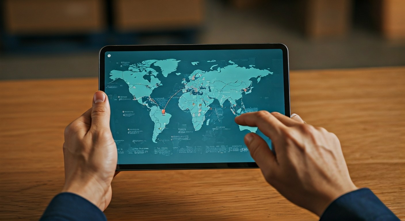 Logistics Mapping and Planning Hands of a logistics planner checking a digital map on a tablet with an office background.