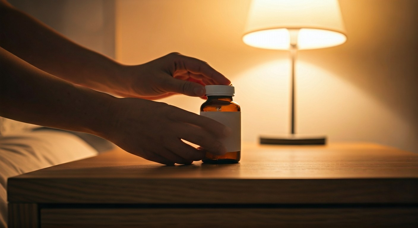 Hands placing a sleek, minimalist medication bottle on a bedside table in soft golden hour light.