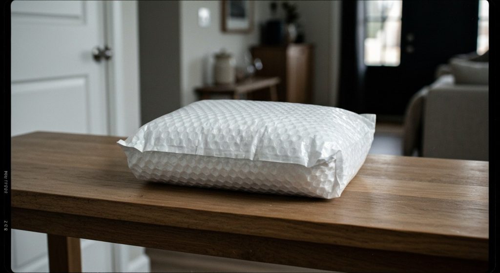 A plain white padded shipping envelope sits on a rustic wooden table in a brightly lit, modern home entryway.