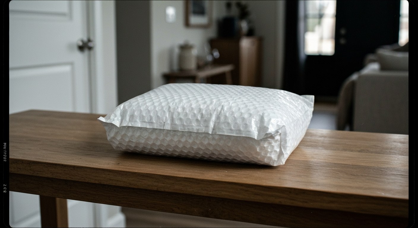 Discreet White Bubble Mailer on Wooden Table A plain white padded shipping envelope sits on a rustic wooden table in a brightly lit, modern home entryway.