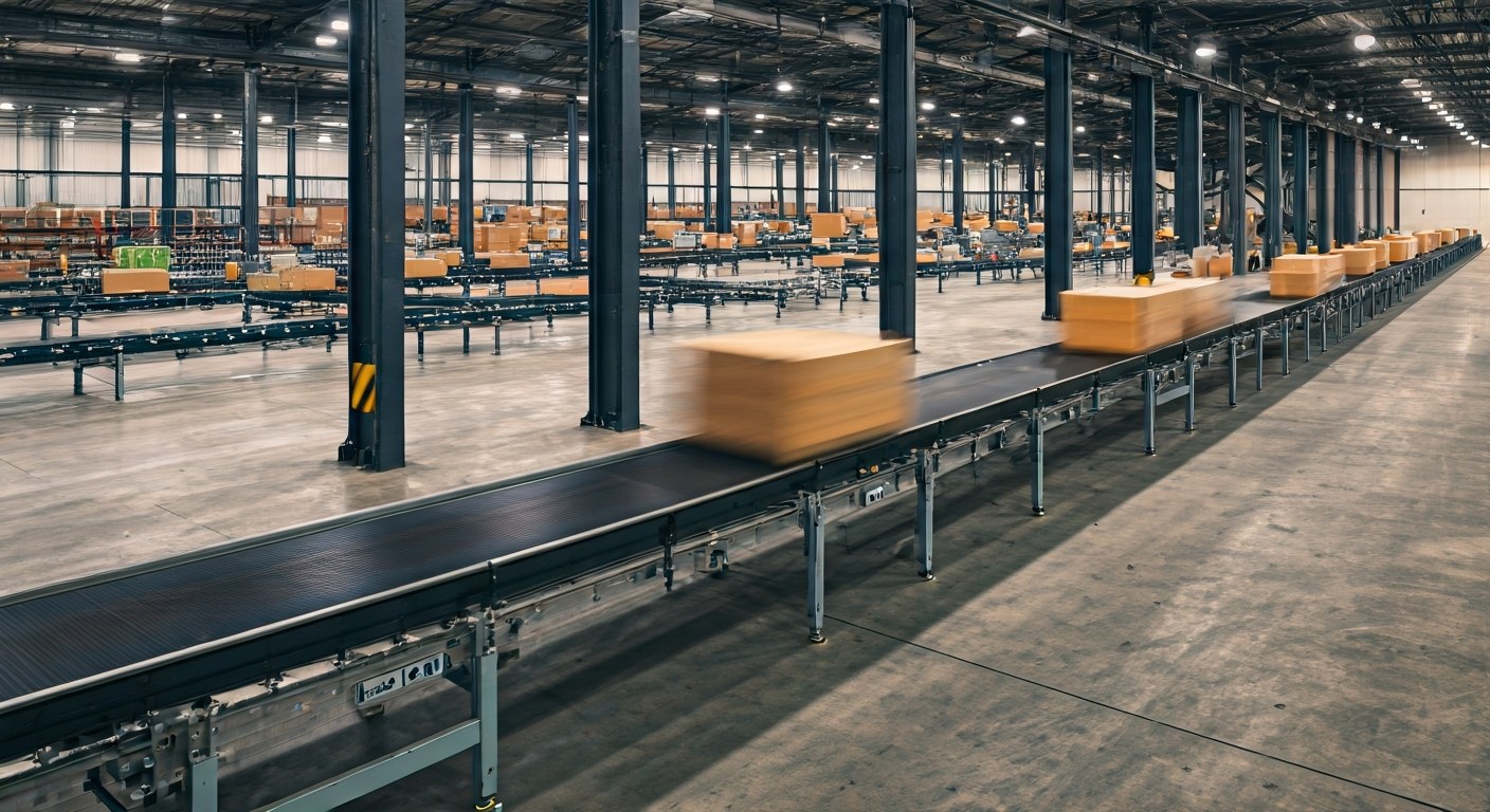 Distribution Center Operations A bustling distribution center with conveyor systems and workers.