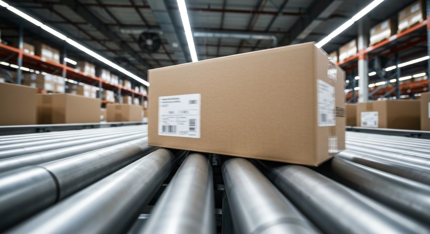 High Velocity Distribution Center Workflow High-speed conveyor belt in a distribution center with cardboard boxes moving toward shipping bays.
