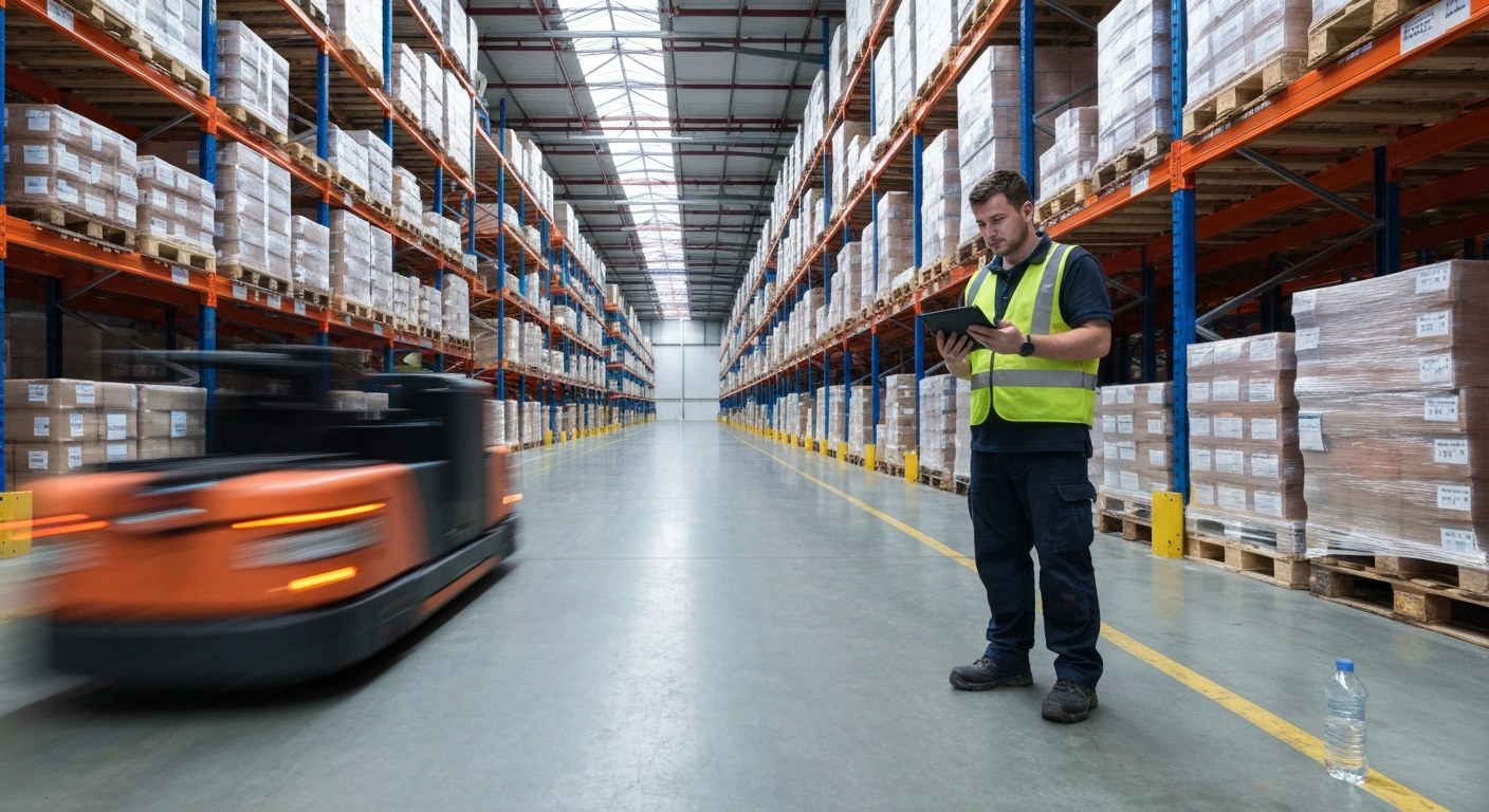 Warehouse worker checking digital inventory tablet while automated vehicle passes in background.