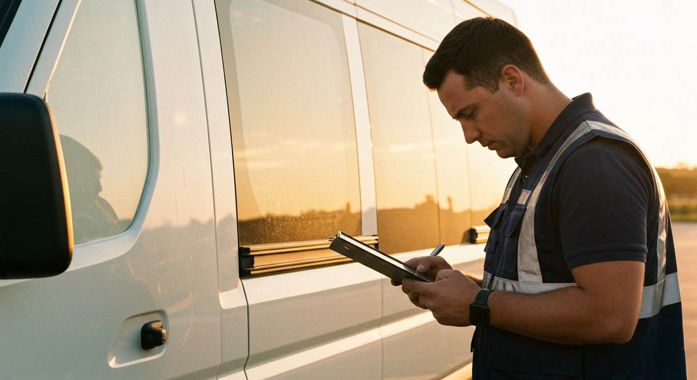 Safety Protocols for DOT Personnel A logistics worker in a utility vest stands by a white van during sunset, looking at a clipboard.