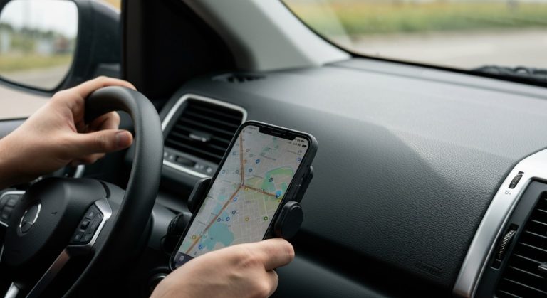 A delivery driver checks a route map on a phone mounted to a vehicle dashboard.
