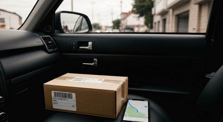 A smartphone showing a delivery map next to a brown parcel on the passenger seat of a modern car.