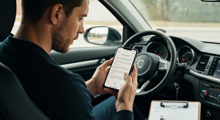 A man in a car looking at his phone with a clipboard on the passenger seat, appearing focused and professional.