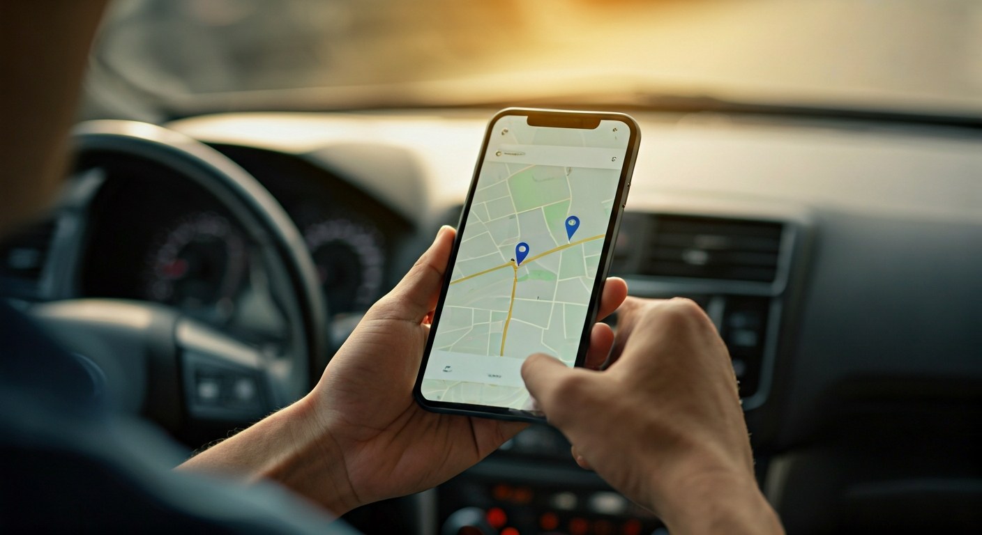 Mastering Flexible Scheduling A delivery driver checking a route map on a smartphone inside a car during golden hour.