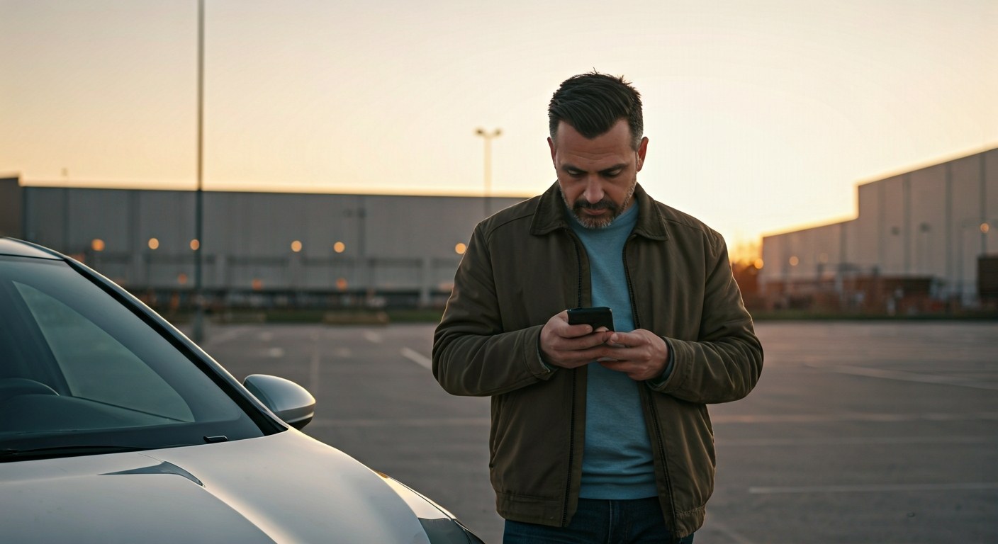 Driver Planning Delivery Strategy at Golden Hour A driver standing by their car at sunset, looking at a smartphone with a warehouse in the blurred background.