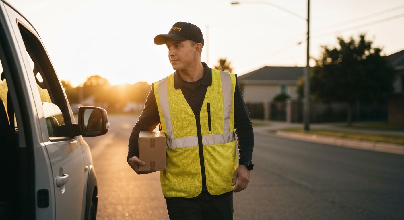 SSD Block Financial Potential A driver walking in sunlight with a package, caught in motion.