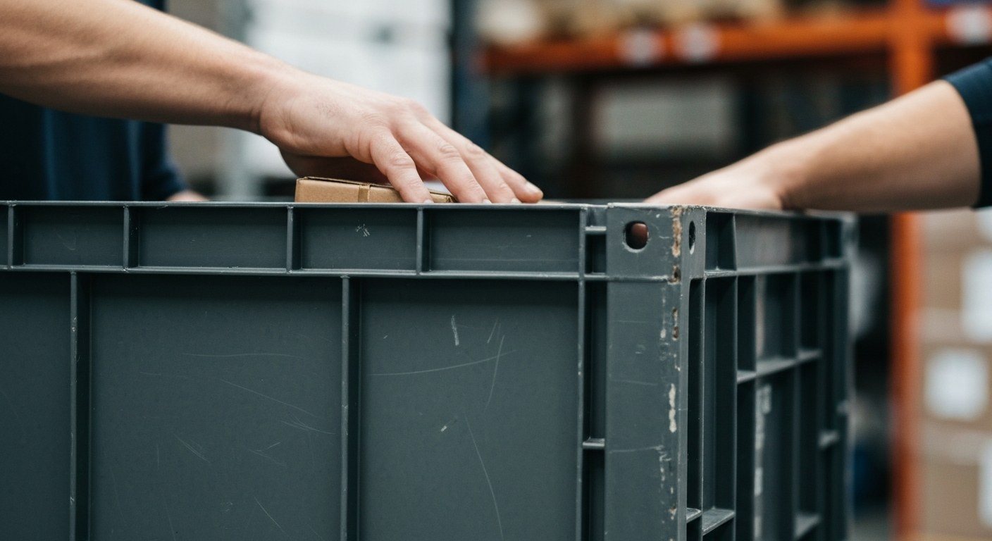 Practical Reusable Packaging Warehouse worker hands placing a package into a durable, scuffed reusable plastic shipping crate.