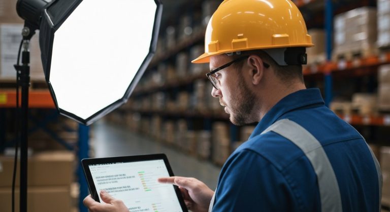 Logistics supervisor checking inventory on a tablet in a busy, modern warehouse environment.