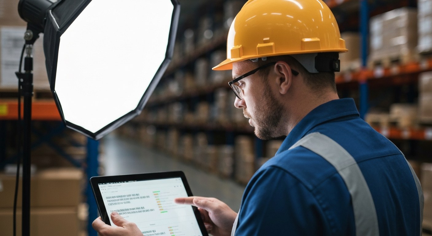 Warehouse as a Strategic Fulfillment Hub Logistics supervisor checking inventory on a tablet in a busy, modern warehouse environment.