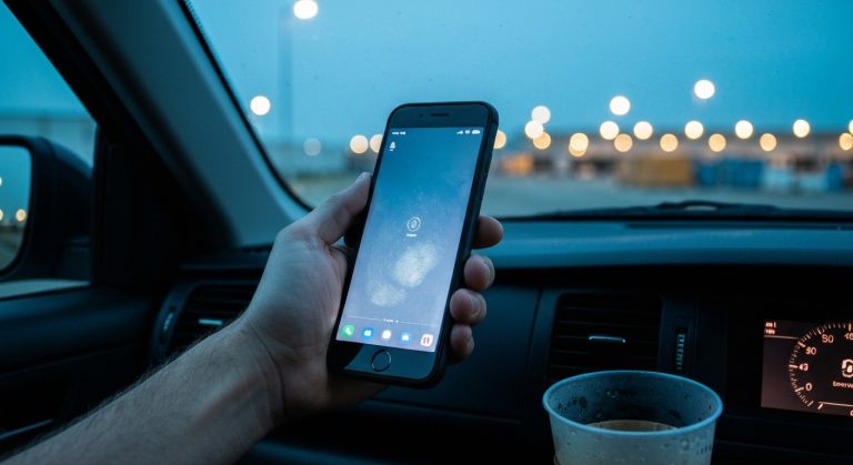 A person's hand holding a smartphone in a car during dawn, with a warehouse visible in the background.