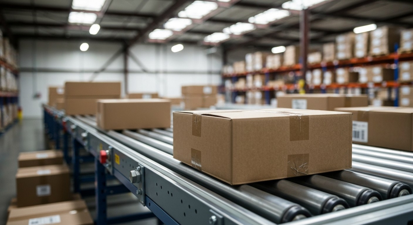 East Coast Regional Distribution Center Conveyor Cardboard packages moving along a metallic conveyor belt in a large, brightly lit distribution facility.