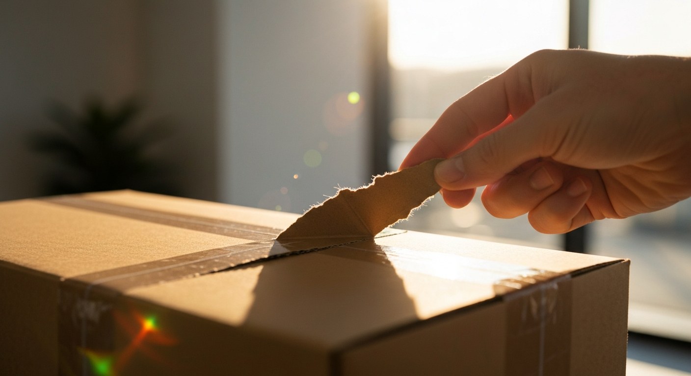 Close-up of a hand pulling a perforated tear-strip on a shipping box during golden hour.