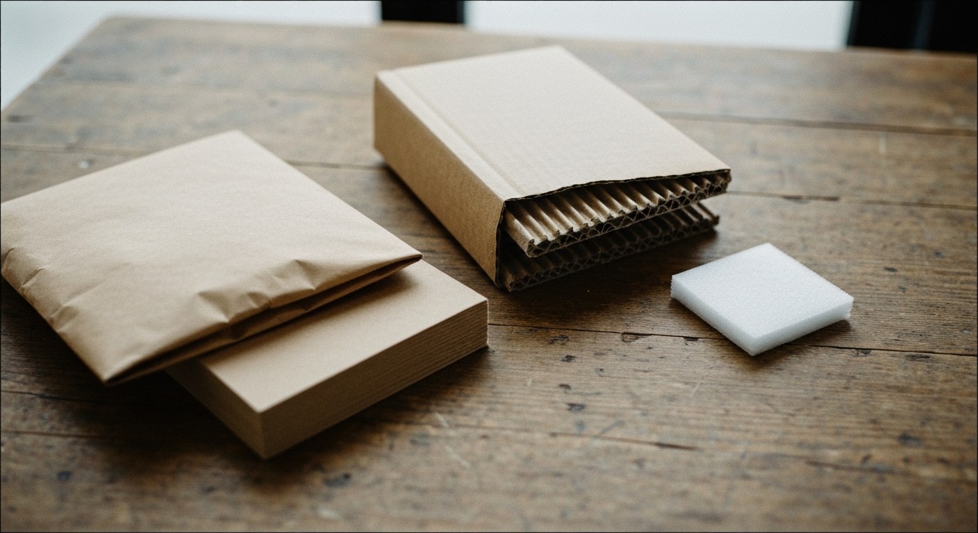 Sustainable Material Sorting Close-up of various sustainable packaging materials including cardboard and paper padding on a wooden table.