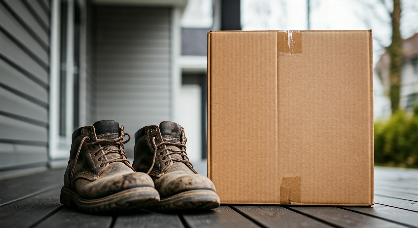 Optimizing Delivery Income A non-branded delivery package sitting on a modern residential porch next to worn-out work boots.