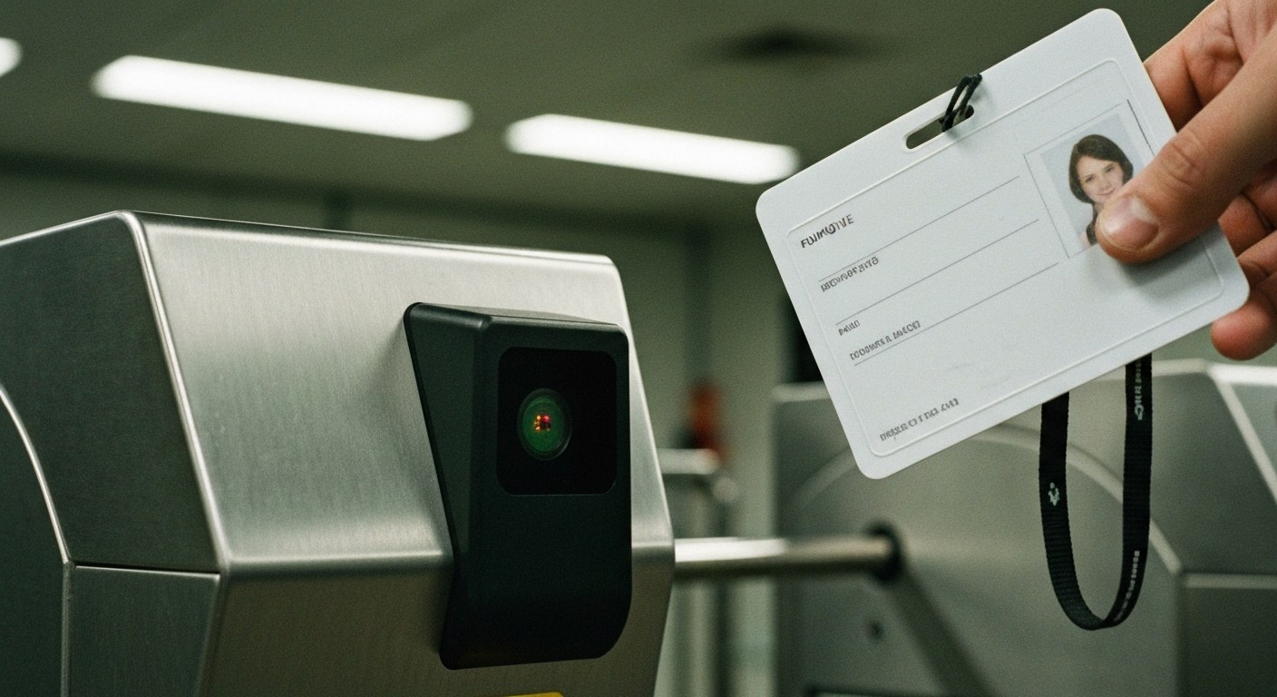 An employee ID badge held up to a metallic electronic scanner at a warehouse entrance gate.