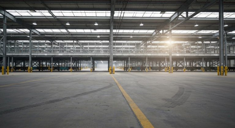 A silent, empty warehouse loading dock at dawn, emphasizing the complete cessation of operations on a holiday.