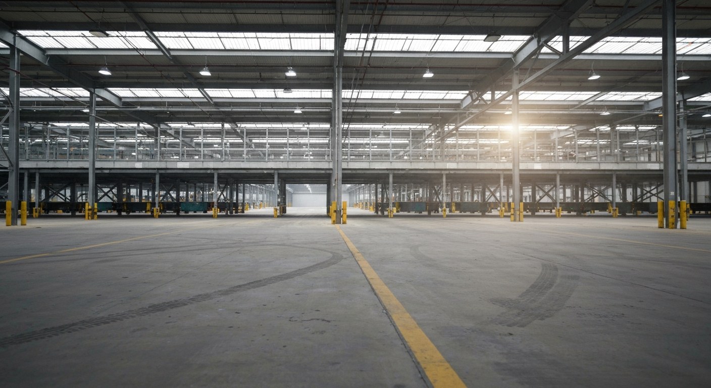Industrial Warehouse Halt A silent, empty warehouse loading dock at dawn, emphasizing the complete cessation of operations on a holiday.