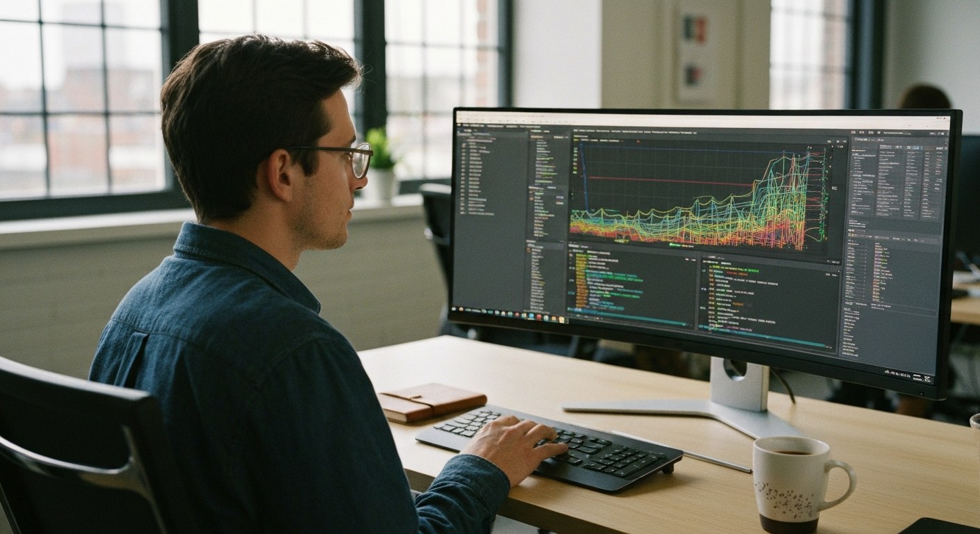 Data engineer working on stream-processing visualization at a modern desk.