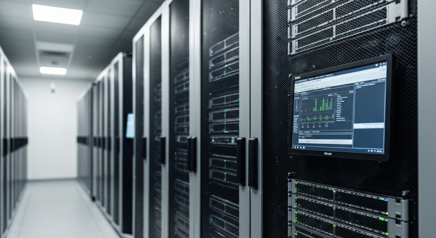 Modern Enterprise Data Storage Modern server racks in a quiet data center, focused on a monitor display.