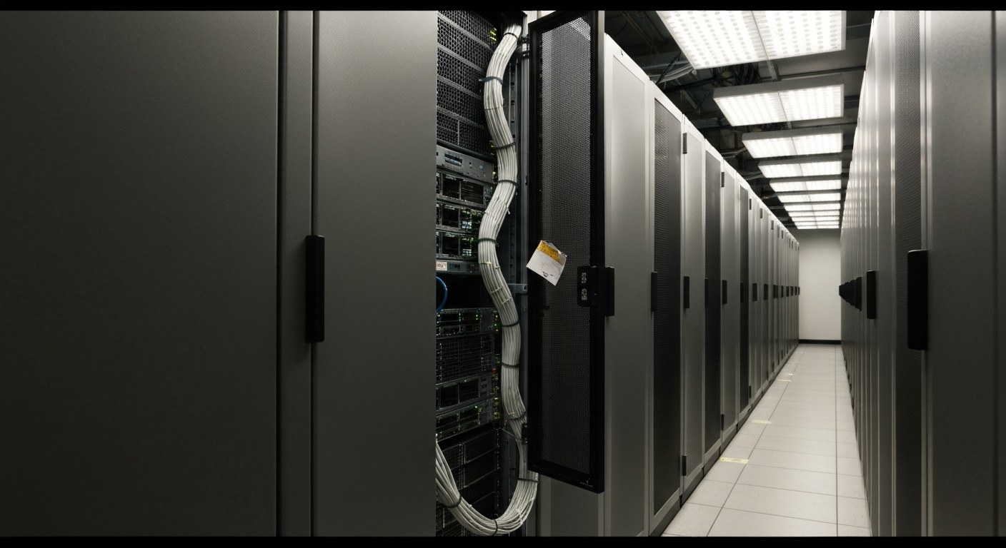 A realistic data center aisle with metallic server racks, organized cables, and industrial lighting.