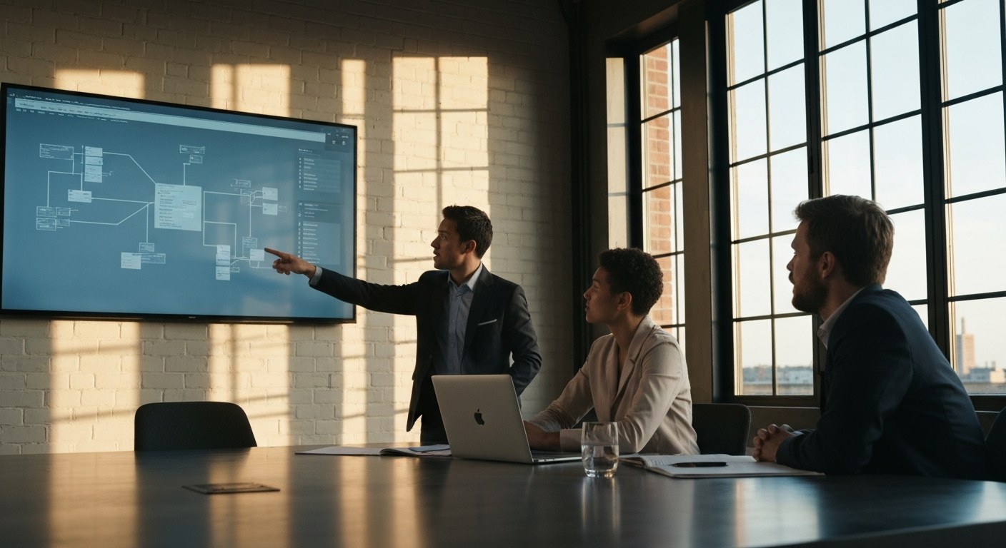 Enterprise Data Strategy Collaboration A diverse team of executives discussing data strategy in a sunlit, modern boardroom during golden hour.