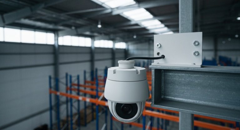 A matte white dome security camera mounted on a steel beam in a large warehouse with high ceilings and pallet racks.