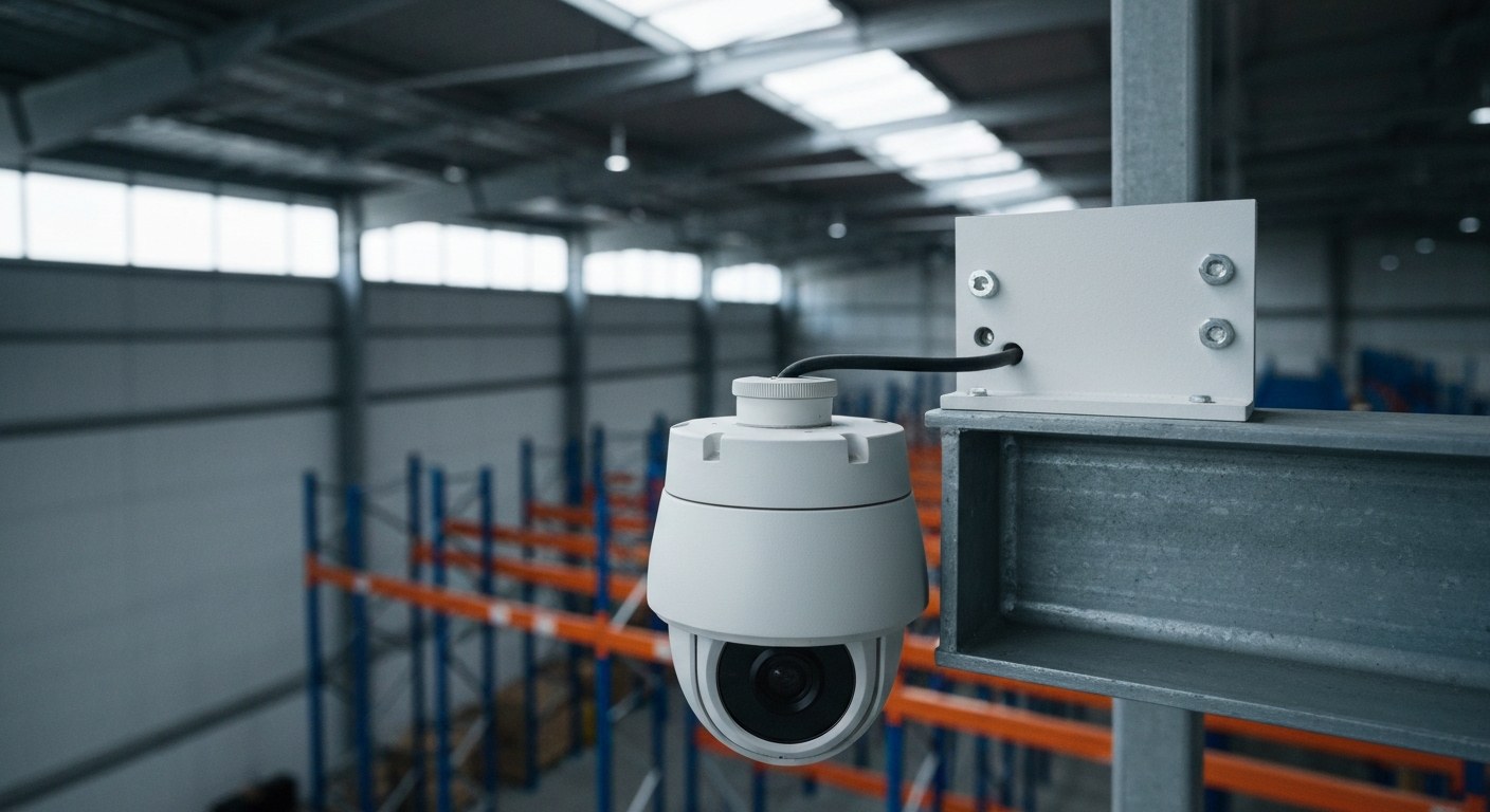 Industrial Warehouse Security Camera Installation A matte white dome security camera mounted on a steel beam in a large warehouse with high ceilings and pallet racks.