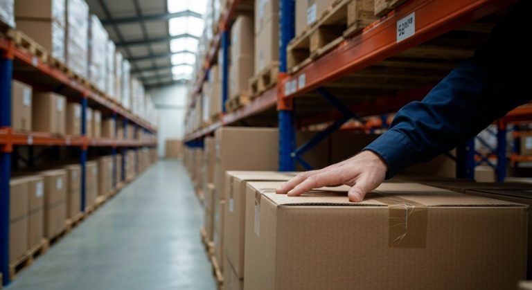Close-up of a hand on dusty cardboard boxes on a warehouse shelf with industrial lighting and soft background blur.