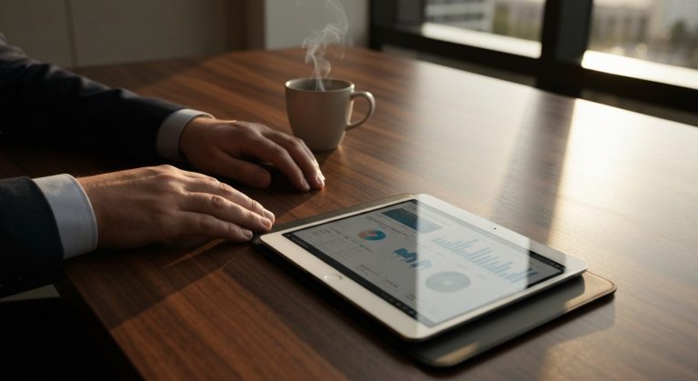 Close-up of an executive's hands on a walnut desk next to a tablet showing data charts in warm morning light.