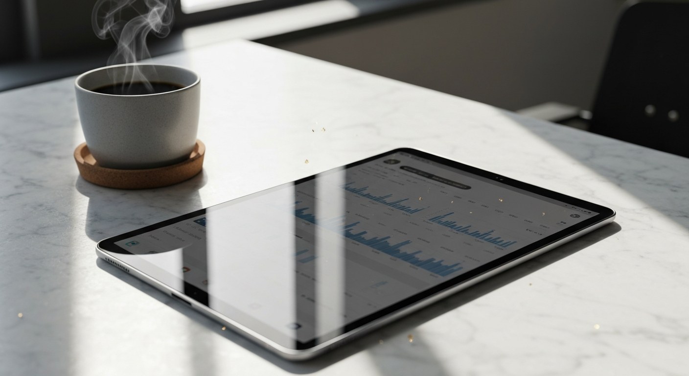 A tablet on a white marble desk showing data charts next to a steaming cup of coffee in a bright modern office.