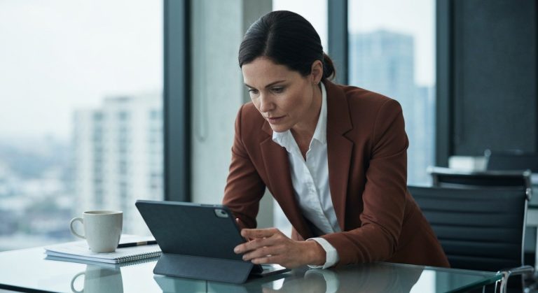 Warehousing in Finance: The 2026 Growth Blueprint (Expert) 2 An executive woman in a modern office reviews logistics data on a tablet over a glass desk with soft natural lighting.