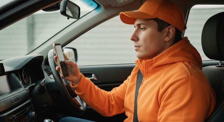 A delivery driver sitting in a car looks at a smartphone mounted on the dashboard with a relieved expression.