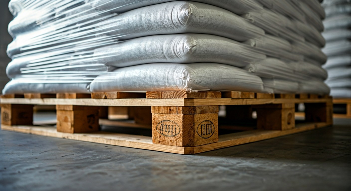 Food Grade Pallet Storage Compliance Close up of wooden pallets holding white sacks, showing proper elevation from a clean warehouse floor for sanitation.