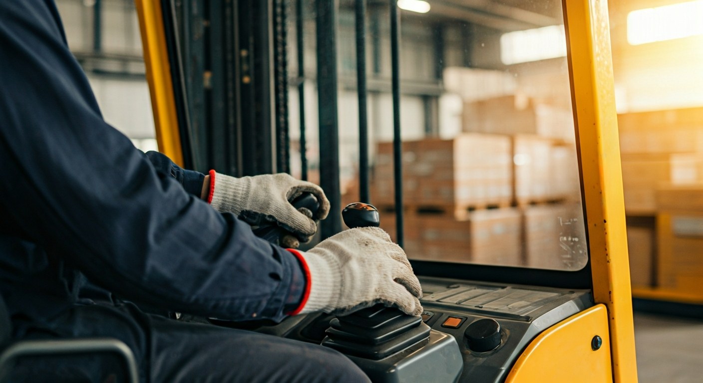 Forklift Operator Controls Safety Focus Detailed view of a warehouse worker's hands operating the controls of a yellow forklift in warm lighting.