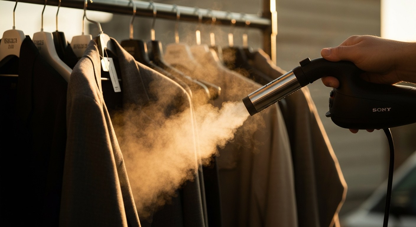 Restoring Garment Aesthetic A handheld steamer smoothing out a wrinkled garment.