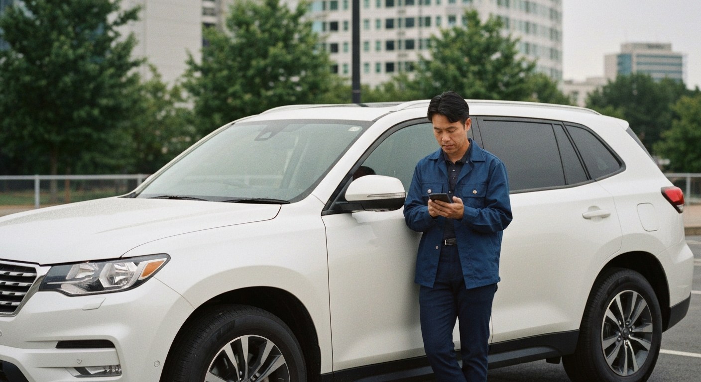 Navigating Driver Waitlists A delivery driver leans against their SUV in a city parking lot while checking for onboarding updates on a phone.