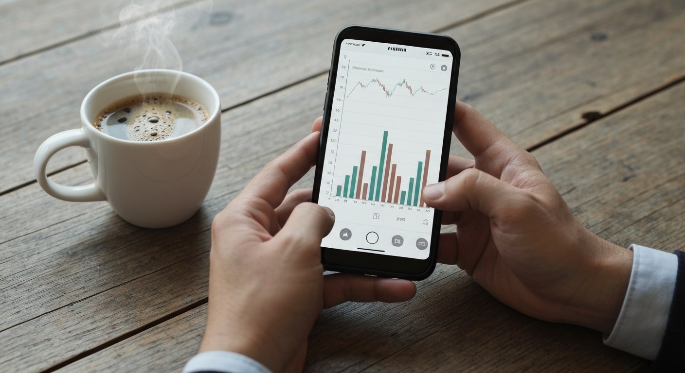 Mobile Financial Management for Gig Workers Close-up of hands holding a smartphone over a coffee shop table, displaying financial growth charts and a mug of coffee.