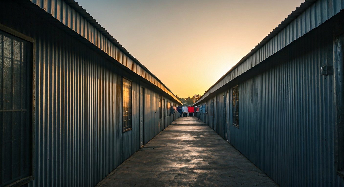 Scale of Global Displacement Warehousing A long row of corrugated iron refugee shelters stretching into the distance during golden hour.