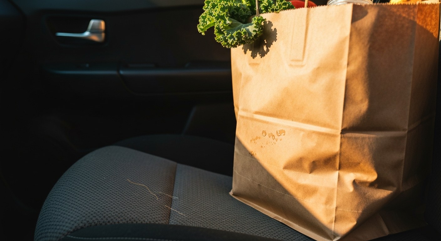 Fresh Grocery Delivery Service A brown paper grocery bag filled with fresh vegetables sitting on a car seat during golden hour.