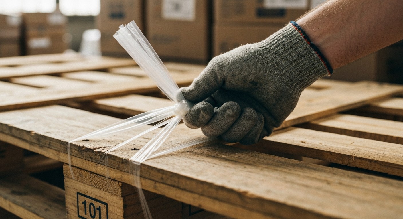 Securing Stretch Film to Pallet Base A close-up of a gloved hand tying clear plastic stretch wrap to the corner of a wooden shipping pallet.