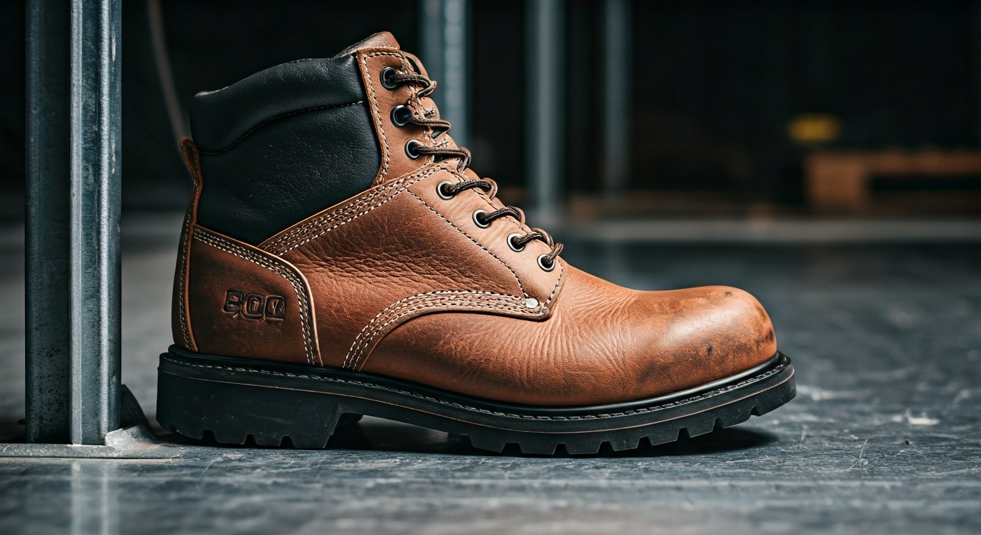 Close-up of heavy-duty steel-toe boots standing on a metal pallet rack.