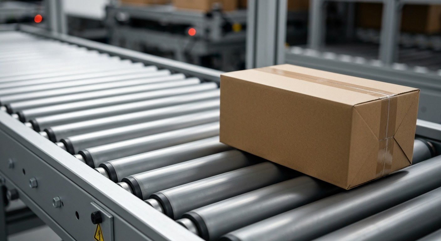 A close-up shot of a cardboard box moving on a modular conveyor belt system in a modern warehouse facility.
